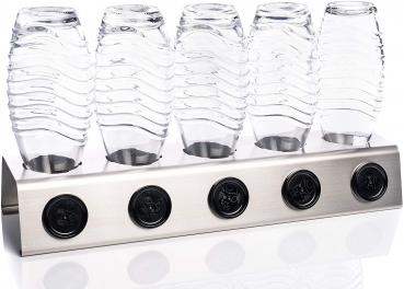 Two in ONE Abtropfhalter und Spülmaschineneinsatz - 5 fach - aus Edelstahl kompatibel mit Sodastream Crystal & Emil Flaschen - Flaschenhalter mit praktischer Deckelhalterung