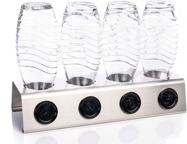 Two in ONE Abtropfhalter und Spülmaschineneinsatz - 4 fach - aus Edelstahl kompatibel mit Sodastream Crystal & Emil Flaschen - Flaschenhalter mit praktischer Deckelhalterung
