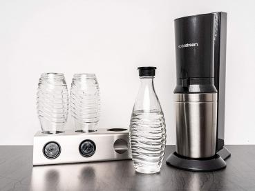 Two in ONE Abtropfhalter und Spülmaschineneinsatz - 3 fach - aus Edelstahl kompatibel mit Sodastream Crystal & Emil Flaschen - Flaschenhalter mit praktischer Deckelhalterung