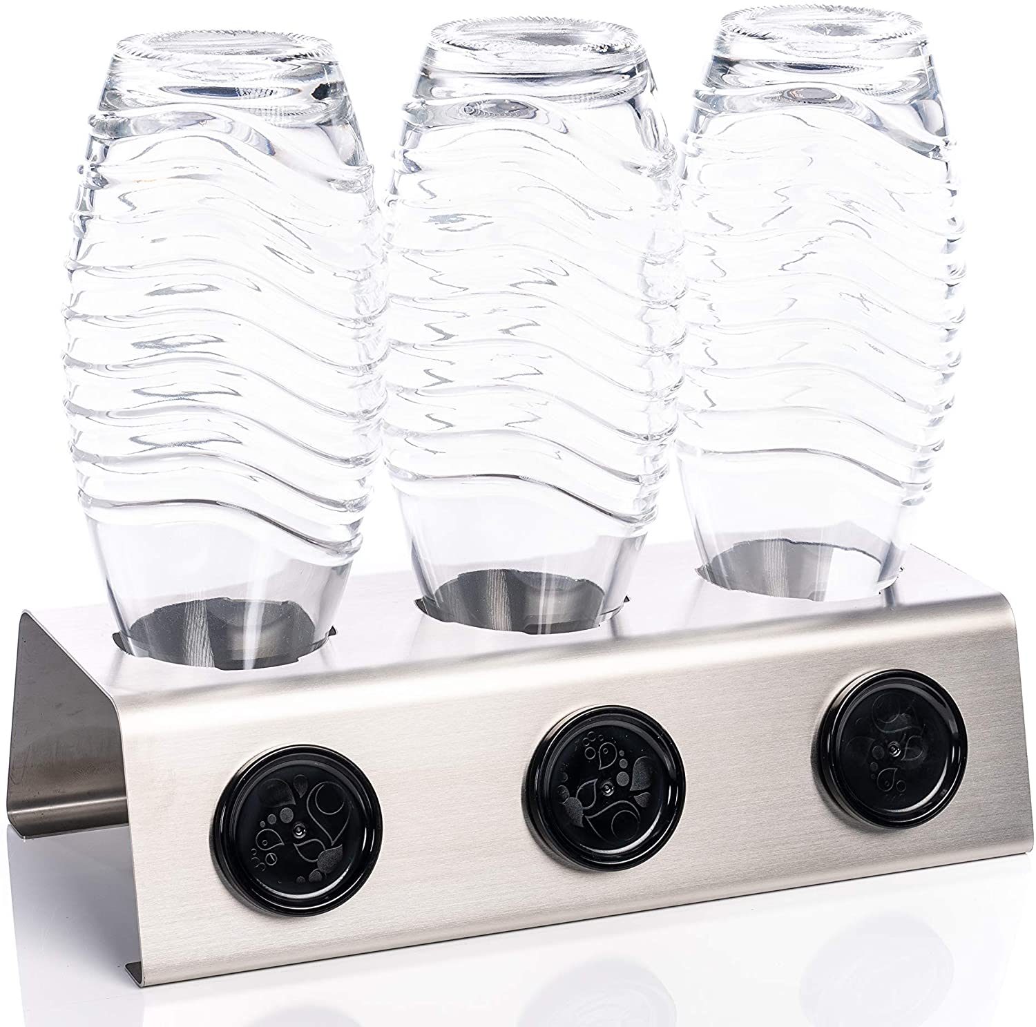 Behrwerk - Two in ONE Abtropfhalter und Spülmaschineneinsatz - 3 fach - aus  Edelstahl kompatibel mit Sodastream Crystal & Emil Flaschen -  Flaschenhalter mit praktischer Deckelhalterung