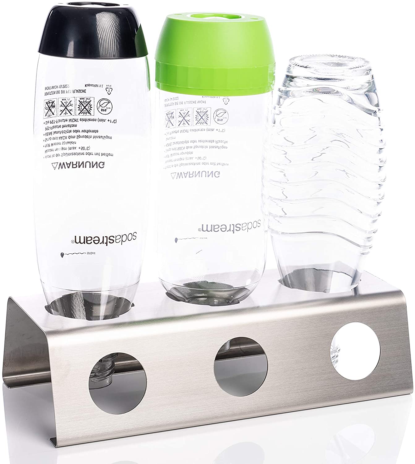 Bugucat Flaschenhalter für SodaStream, Hochwertiger 6er Abtropfhalter aus  Edelstahl mit herausnehmbarer Abtropfwanne und Silikonhülle, Abtropfständer