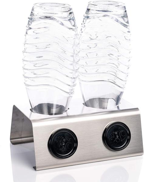 Two in ONE Abtropfhalter und Spülmaschineneinsatz - 2 fach - aus Edelstahl kompatibel mit Sodastream Crystal & Emil Flaschen - Flaschenhalter mit praktischer Deckelhalterung