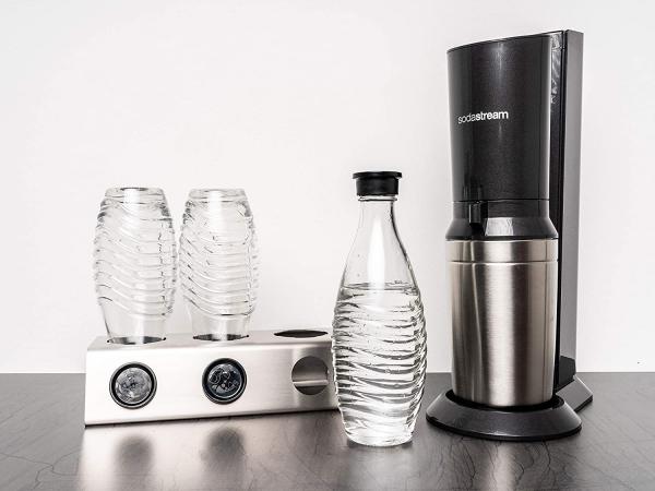 Two in ONE Abtropfhalter und Spülmaschineneinsatz - 3 fach - aus Edelstahl kompatibel mit Sodastream Crystal & Emil Flaschen - Flaschenhalter mit praktischer Deckelhalterung