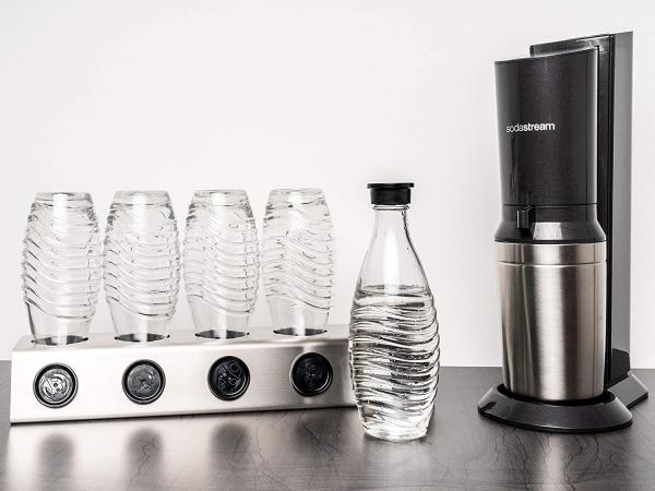 Two in ONE Abtropfhalter und Spülmaschineneinsatz - 4 fach - aus Edelstahl kompatibel mit Sodastream Crystal & Emil Flaschen - Flaschenhalter mit praktischer Deckelhalterung
